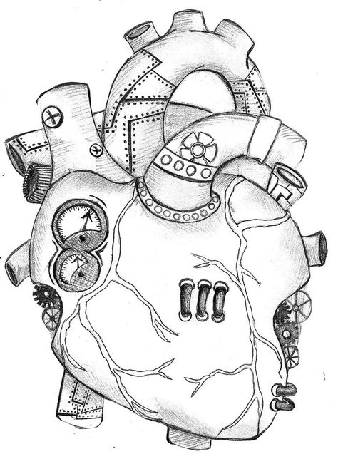 a steam punk heart outline. i dunno, i thought it was cute at least :] Mechanical Heart Art, Steampunk Heart Drawing, Mechanical Drawings Sketches, Steampunk Art Drawing Sketches, Mechanical Heart Drawing, Mechanical Art Drawing, Mechanical Heart Tattoo, Steam Punk Drawing, Printable Tattoo Stencils