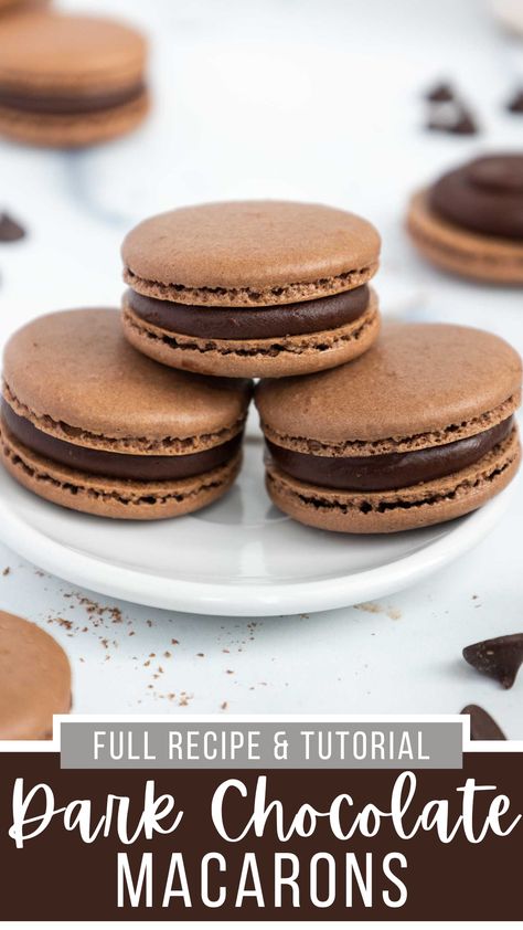 These delicious dark chocolate macarons are made with dark chocolate shells and filled with the most decadent dark chocolate ganache. Chocolate Ganache Macarons, Chocolate Ganache Macaron Filling, Desserts With Ganache, Dark Chocolate Macarons, Large Macarons, Dark Chocolate Ganache Recipe, Chocolate Macarons Recipe, Macaroons Chocolate, Best Macaron Recipe