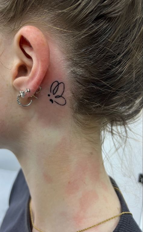 Butterfly Tattoo Red Ink, Semi-colon Tattoo Behind The Ear, Semi-colon Butterfly Tattoo, Semi Colon Butterfly, Minimalistic Butterfly, Tattoo Red Ink, Tattoo Behind The Ear, Butterfly Simple, Tattoo Ear