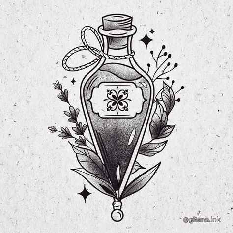 Illustrative tattoo Potion Bottle Tattoo Ideas, Poison Bottle Illustration, Pretty Little Poison Tattoo, Poison Tattoo Bottle, Poison Bottle Tattoo Design, Poisonous Flowers Tattoo, Poison Bottle Drawing, Pretty Poison Tattoo, Poison Drawing