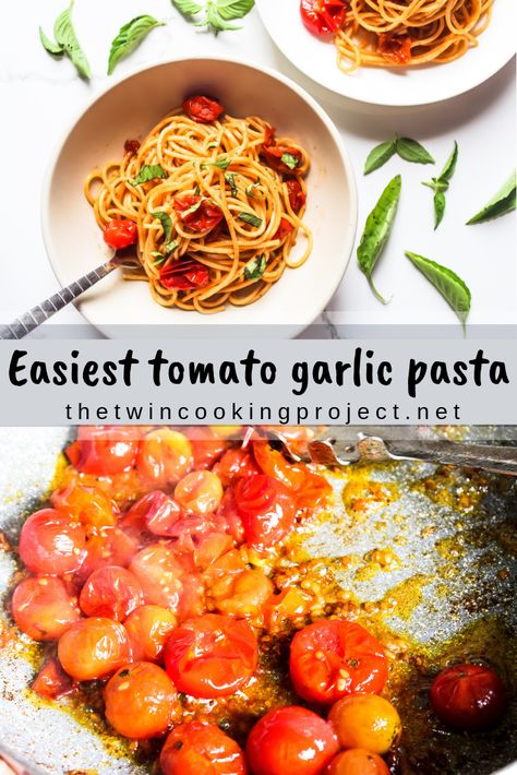 Simple easy cherry tomato garlic pasta #pasta #garlic #tomato #simple #easy #delicious #quick #dinner #spaghetti Pasta With Grape Tomatoes, Tomato Garlic Pasta, Grape Tomato Recipes, Simple Vegetarian Recipes, Spaghetti Easy, Garlic Pasta Recipe, Pasta Garlic, Tomato Spaghetti, Garlic Butter Pasta