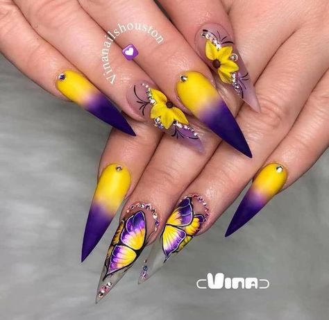 Feather Nails, Unghie Sfumate, Sunflower Nails, Sculpted Nails, Stiletto Nail Art, Long Nail Designs, Purple Nail, Stiletto Nails Designs, Yellow And Purple