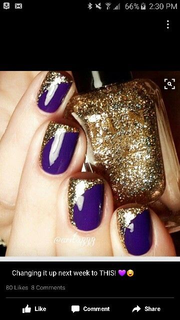 Purple gold nails Napa Nails, Gold Manicure, Glitter Polish, Purple Nail Art, Gold Nail Designs, Graduation Nails, Purple Nail Designs, Gold Nail, Purple Nail