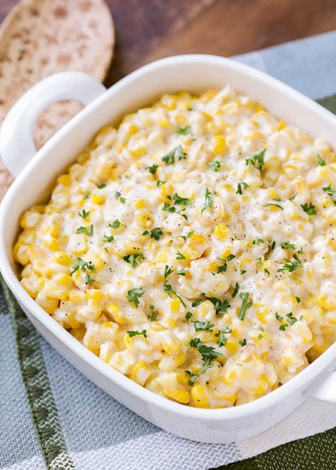 Better than the canned version, this smooth and buttery creamed corn recipe is easy, cheesy, and delicious! #creamedcorn #corn #sidedish #holiday #corndish Pot Roast Side Dishes, Cream Corn Recipe Crock Pot, Oven Roasted Red Potatoes, Recipes Corn, Recipe With Cream Cheese, Creamed Corn Recipes, Cream Corn, Lil Luna, Winter Soup