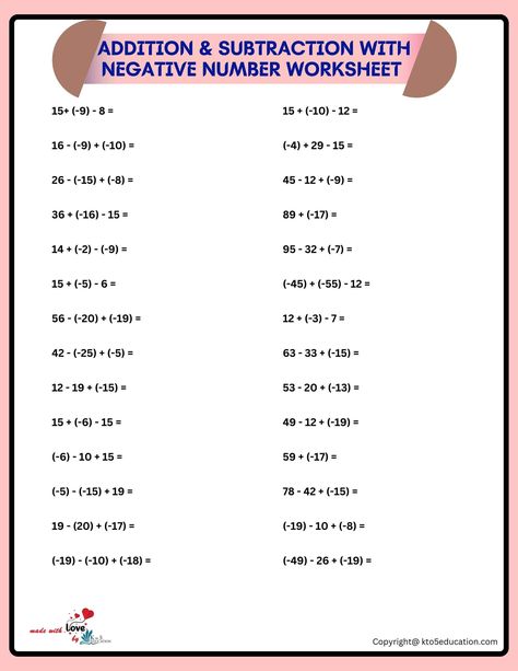 Integers Worksheets 6th Grade, Subtraction Of Integers, Addition Of Integers, Simplify Math, Conversion Chart Math, Subtracting Integers Worksheet, Negative Numbers Worksheet, Maths Worksheet, Mental Maths