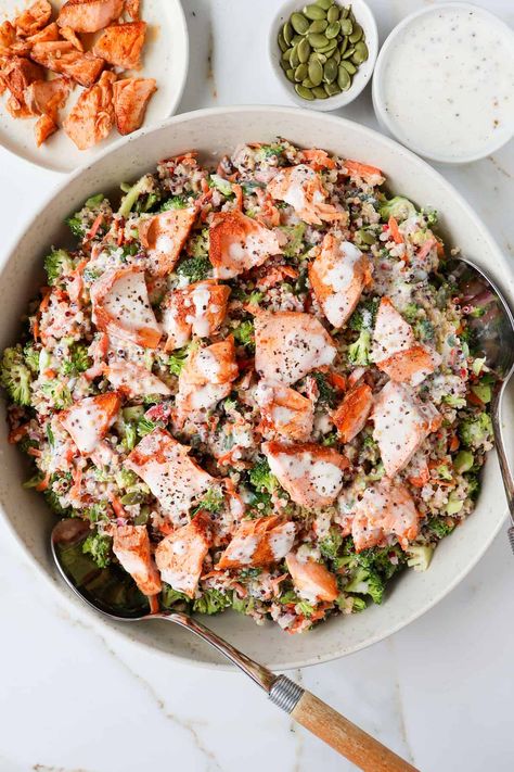 Salmon + Broccoli Quinoa Salad – Goodness Avenue Broccoli Quinoa Salad, Canned Salmon Salad, Salmon Broccoli, Broccoli Quinoa, Quinoa Broccoli, Salmon Quinoa, Creamy Avocado Dressing, Salmon And Broccoli, Creamy Yogurt