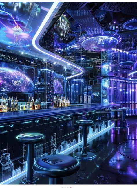 Fantasy Club Interior, Futuristic Club Aesthetic, Futuristic Party Aesthetic, Futuristic Diner, Cyberpunk Room Interiors, Unique Bar Design, Cyberpunk Bar, Futuristic Restaurant, Futuristic Bar