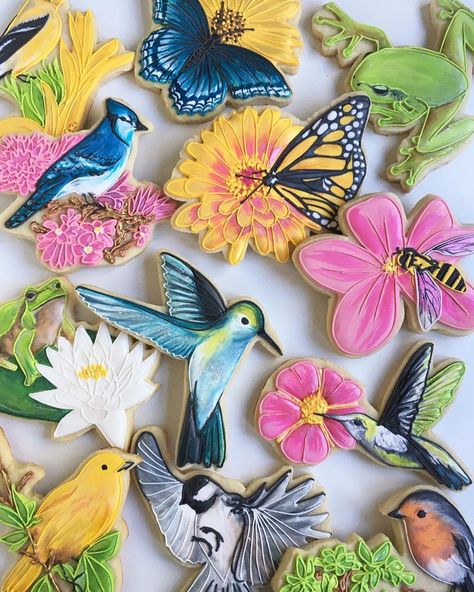 Lucie Radcliffe on Instagram: “Talk birdy to me 😉🦜🐦🕊😂 • This “Garden Creatures” custom cookie order was created for an avid gardener’s birthday this weekend 🌼🌷🌸 Every…” Hummingbird Cookies, Garden Cookies, Garden Creatures, Spice Sugar Cookies, Bird Cookies, Cookies Decoradas, Bird Cakes, Custom Cookie, Spring Cookies