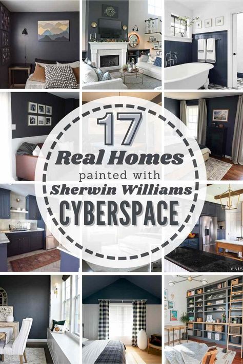 Everything To Know About Sherwin Williams Cyberspace SW 7076: Learn undertones, coordinating colors, similar shades see this paint color used in REAL HOMES! #sherwinwilliams #sherwinwilliamscyberspace #cyberspace #paint #paintcolor #cyberspacewalls #cyberspacediningroom #cyberspacelivingroom #cyberspacebedroom #cyberspaceexterior Sherwin Williams Cyberspace, Sherman Williams, Home Inspo Cozy, Thrifty Decor Chick, Moody Bedroom, Sherwin Williams Colors, Space Bedding, Real Homes, Home Inspo