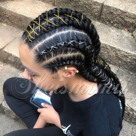 Feed in braids with string #naturalhair #feedinbraids #cornrows #braids #protectivestyles #tribalbraids #hairstyles #hair #ghanabraids #jumbobraids Braid With Yarn In Hair, Yarn Cornrows Braids, String Braided Into Hair, Techno Hairstyles, Kiddie Hairstyles, Triangle Braids, Colored Box Braids, Feed In Braids, Individual Braids