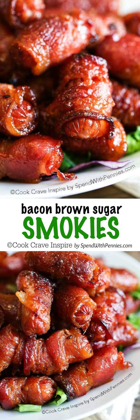 One of my favorite recipes! Easy and Amazing! Brown Sugar Smokies, Wrapped Smokies, Bacon Wrapped Smokies, Brown Sugar Bacon, Easy Banana Bread Recipe, Tailgate Food, Finger Food Appetizers, Snacks Für Party, Great Appetizers