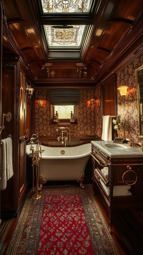 Luxurious antique train car bathroom with claw-foot tub, vintage wallpaper, skylight, and brass fixtures, exuding old-world Clawfoot Bathtub Aesthetic, Clawfoot Tub Bathroom Vintage, Antique Train, Clawfoot Tub Bathroom, Antique Bathtub, Room With Natural Light, Victorian Bath, Inspired Wallpaper, Bathroom Inspiration Modern