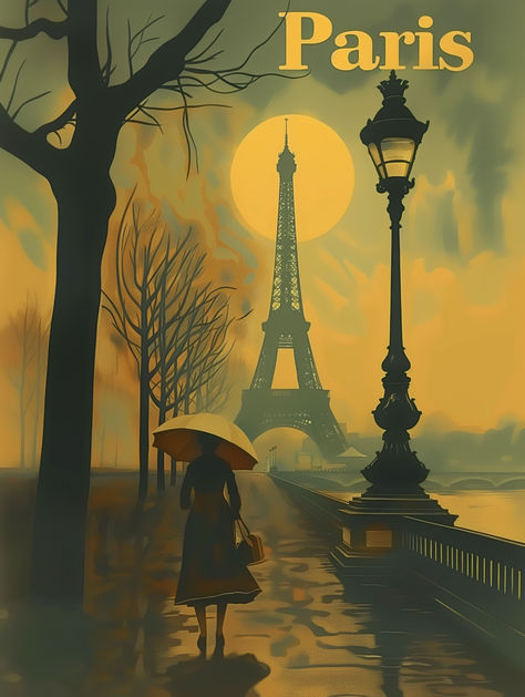 Immerse yourself in the enchanting atmosphere of Paris with our Vintage Paris Travel Poster. This artwork transports you to a serene evening on the streets of Paris, with the majestic Eiffel Tower silhouetted against the warm glow of a setting sun. Rendered in a vintage style, this piece captures the soul of Paris, blending nostalgia with the timeless elegance that the City of Love is celebrated for. This printable wall art is a great way to infuse your space with French sophistication. Vintage French Travel Posters, Paris Poster Aesthetic, Paris Poster Vintage, Vintage Paris Aesthetic, An Evening In Paris, Eiffel Tower Silhouette, French Art Prints, European Wall Art, Paris Drawing