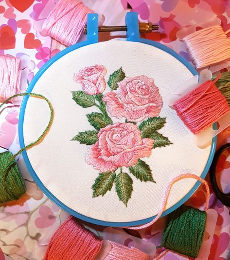 Hand Embroidered 3 Pink Roses. Embroidery flowers. Created by Joanne Jones #pinkroses #handsewn #embroideryhoop #handstitched #embroideryrose #pinkthread #homemadeblanket Pink Rose Embroidery, Embroidery Blanket, Nana Banana, Homemade Blankets, Roses Embroidery, 12 Dancing Princesses, Embroidered Roses, Pink Embroidery, Crochet Fashion Patterns