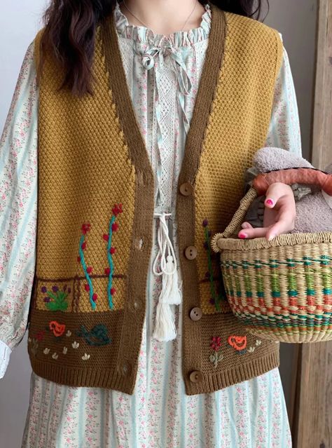 Embroider Jacket, Bohemian Embroidery, Embroidered Crochet, Crochet Cozy, Mori Fashion, Mori Kei, Embroidered Pants, Vest Pattern, Crochet Vest