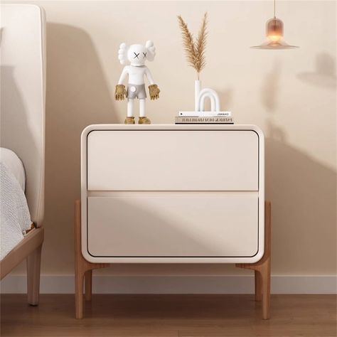 Cream White Double Drawer Bedside Table - Bed Bath & Beyond - 40116485 Cream Nightstand, Side Tables Bedroom Modern, Curved Bedside Table, Round Nightstand, Home Garden Ideas, Double Drawer, Bedside Table Design, Drawer Bedside Table, White Bedside Table