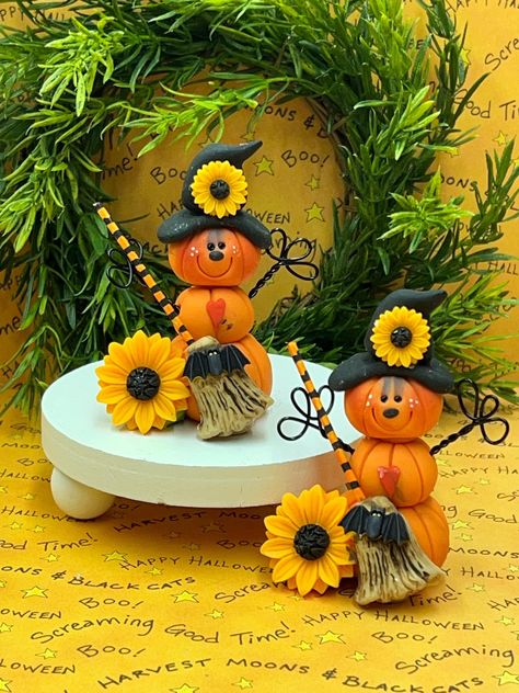 This cute little pumpkin witch  would go in any Halloween display. This little pumpkin decorated as a witch is just the cutest!  It is the perfect piece for your Halloween tiered trays.    This would be a great gift for just about anyone.  Pumpkins 3 1/4 inches x 2 1/4 inches Listing is for 1 item. For decorative purposes only. Polymer Clay Fall Decor, Polymer Clay Halloween, Play Clay, Pumpkin Witch, Pumpkin Centerpieces, Halloween Displays, Clay Figures, Gourd Art, Tiered Tray Decor