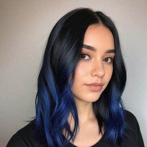 Blue Ends On Black Hair, Black Hair With Blue Ends, Black And Blue Ombre Hair, Blue Ends Hair, Black Ombré Hair, Blue Hair Balayage, Black Hair Ombre, Blue Dip Dye, Blue Ombre Hair