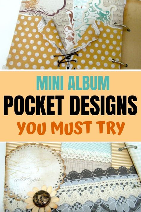 Try different styles of pockets in your mini album. Make interesting pages with interactive pockets for photos and journaling #minialbum #pocket #idea #DIY #paper Pocket Pages, Mini Album Page Ideas, Pocket Scrapbooking Ideas, Scrapbook Pockets How To Make, How To Make A Pocket For Scrapbook, Folding Pockets For Junk Journal, File Folder Books Mini Album Tutorial, Halloween Mini Albums, Pocket Page Scrapbooking