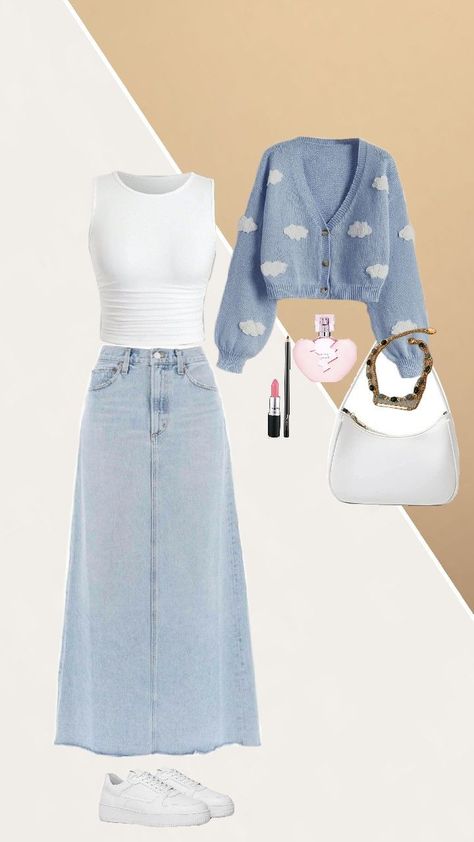 #skirt #1 #fashion #blueoutfit #outfitforwomen #necessary #items #women Cloud Cardigan, Modest Christian Clothing, Smart Casual Women Outfits, Neat Casual Outfits, Cute Cloud, Modesty Outfits, Cute Modest Outfits, Thanksgiving Outfits, Date Outfit