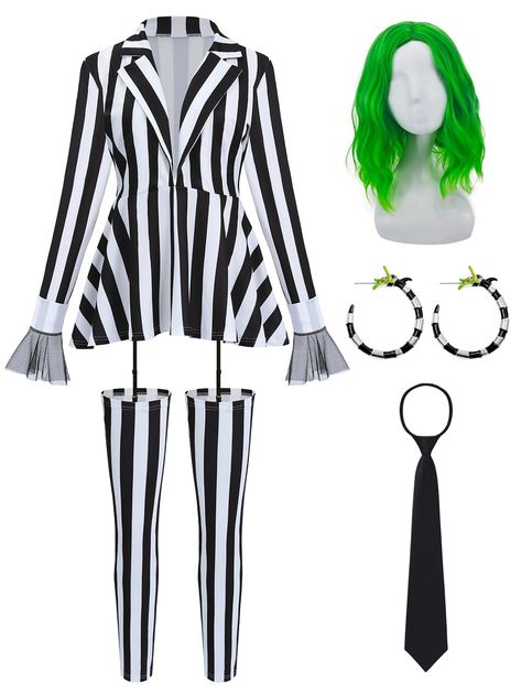 PRICES MAY VARY. What You Will Get: 1 piece of black and white stripped blazer, 1 piece of pant, 1 piece of tie, 1 green wig, 1 pair of earrings, you can wear them to cosplay the role you like, or you can give them to your families as gifts Premium Material: Our Halloween character costume is made of high quality cotton, touch soft, comfortable to wear, sturdy and solid, not easy to tear, fade or deform, so you can wear it for daily use Wig and Earrings: Our striped kit is designed for Halloween Halloween Costumes With Thigh High Boots, Female Gomez Addams Costume, Halloween Costumes Duo Friends Work Appropriate, Sophisticated Halloween Costumes, 80s Theme Halloween Costume, Beetlejuice Costume For Women, Costumes 2024 Women, 2024 Costumes Women, Best 2024 Halloween Costumes