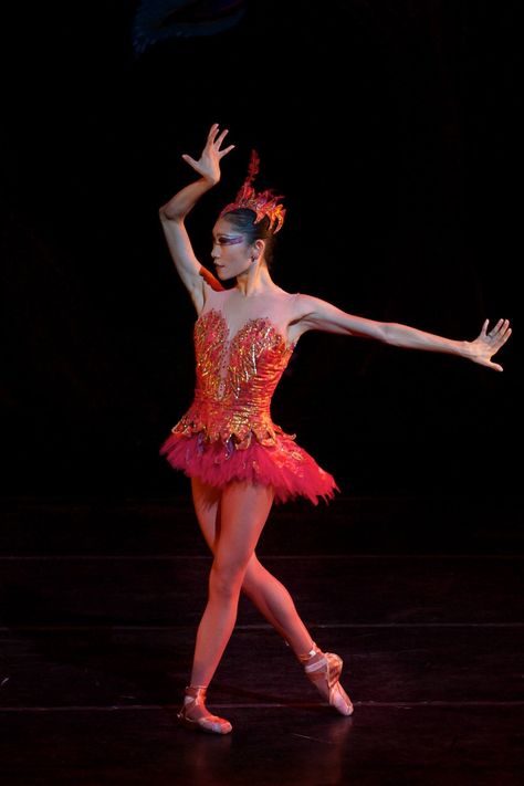 Carolina Ballet Principal dancer Margaret Severin-Hansen in "Firebird."  Photo by Chris Walt Fire Dancer Outfit, Fire Dancer Poses, Firebird Costume, Firebird Ballet Costume, Fire Inspired Dance Costume, Bird Ballet Costume, Firebird Ballet, Phoenix Costume, Fire Costume