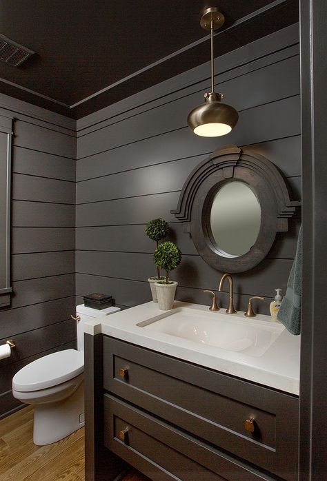 Jerome Village Home by Romanelli & Hughes Custom Home Builders Shiplap Bathroom Wall, Classic Bathroom Design, Shiplap Cladding, Shiplap Bathroom, Dark Grey Walls, Gray Walls, Bad Inspiration, Transitional Bathroom, Craftsman Style Home