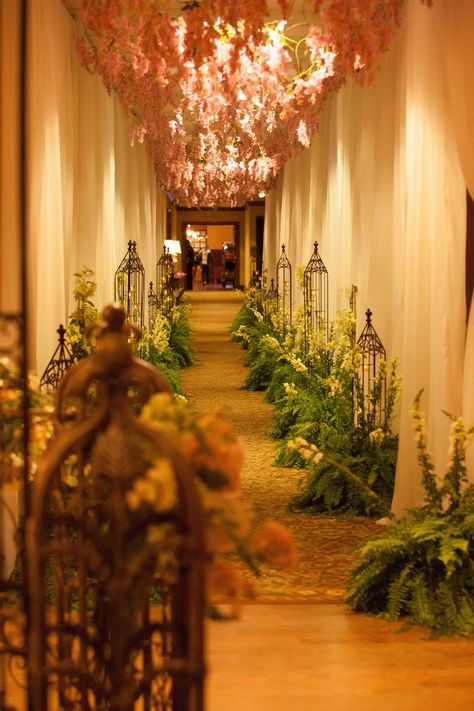 Reception Décor Photos - Nature-Inspired Hallway to Ballroom - Inside Weddings Indoor Wedding Reception, Ballroom Wedding Reception, Friday Wedding, Wedding Ceiling, Wedding Design Inspiration, Indoor Wedding Receptions, Flowers Hanging, Indoor Family, Inside Weddings