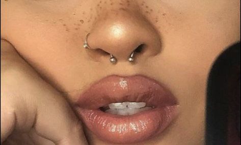 Nose Piercing And Septum Combo, Septum And Both Nostril Piercing, Septum And Nose Piercing Hoop, Nostril Piercing And Septum, Middle Nose Piercing, 2 Nostril Piercings, Nostril And Septum Piercing Together, Multiple Nose Piercings, Septum And Nostril Piercing