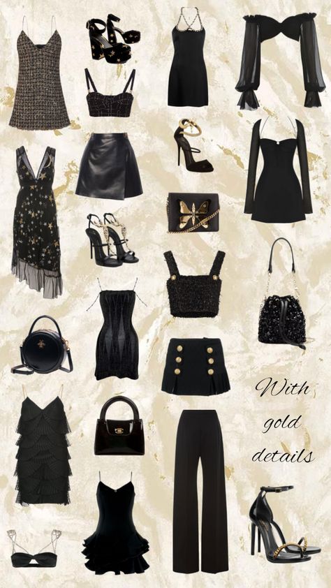 Black And Gold Aesthetic Outfit, 20s Aesthetic Outfit, Black White Gold Outfit, Black And Gold Outfit Parties, Black And Gold Party Outfit, Black And Gold Outfit Classy, Glam Outfits Party, Gold Outfit Aesthetic, Gold Outfits For Women