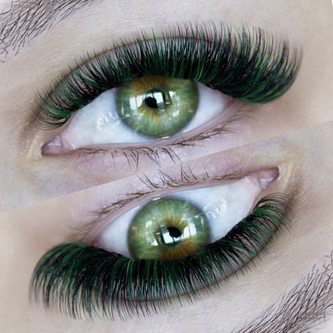 Green Lashes Extensions, Green Lash Extensions, Green Eyelash Extensions, Green Eyelashes, Green Lashes, Applying Lashes, Colored Lashes, Eyelash Extensions Styles, Lash Extensions Styles