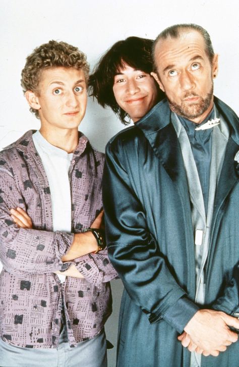 "Bill and Ted's Excellent Adventure" promo still, 1989. L to R: Alex Winter, Keanu Reeves, George Carlin. Bill Preston, Ted Halloween, Lana Wachowski, Keanu Reeves Young, Bill And Ted, Alex Winter, George Carlin, Film Buff, 80s Movies