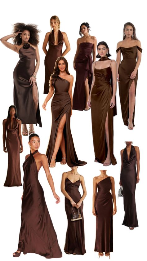 Bronze Bridesmaid Dresses, Chocolate Brown Bridesmaid Dress, Bridesmaids Duties, Bridesmaid Color Palette, Brown Wedding Themes, Brown Dresses Formal, Chocolate Brown Dress, Brown Bridesmaid Dresses, Wedding Dress Code