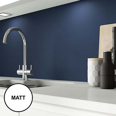 AluSplash Splashback Midnight Moon 3050 x 610mm - Matt | Wickes.co.uk Grey Splashback, Glass Splashback Kitchen, Acrylic Splashbacks, Heritage Kitchen, Dark Blue Kitchens, Midnight Moon, Tile Showroom, Kitchen Splashback, Kitchen Gallery