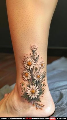 Daises Flowers Tattoo, Ankel Tattoos Simple, Daisy Tattoo Designs Vintage, Flower Ankle Tattoos, Daisies Tattoo, Ash Tattoo, Bee And Flower Tattoo, Daisy Tattoos, Daisy Tattoo Designs