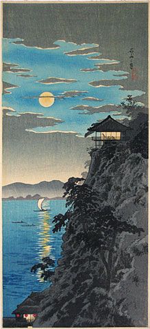 Moonlight over the Bay by Hiroaki (Shotei) Japan Illustration, Japanese Artwork, Japanese Illustration, Japanese Woodblock, Eastern Art, Tableau Art, Art Japonais, Japanese Woodblock Printing, Japanese Painting