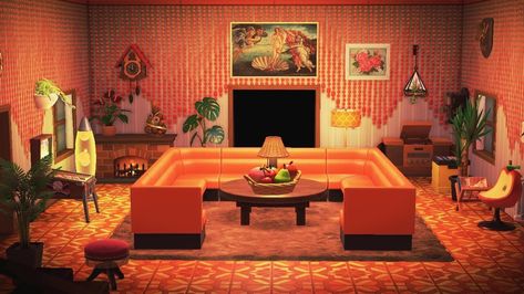 60s Themed Bedroom, Animal Crossing Retro Room, Acnh Retro Room, Acnh 70s Island, Acnh Maximalism, Animal Crossing 70s, Retro Animal Crossing, Acnh 70s, Acnh Room Design