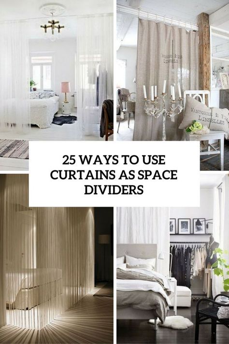 25 Ways To Use Curtains As Space Dividers | DigsDigs | Bloglovin’ How To Divide A Room, Bedroom Divider, Room Divider Headboard, Temporary Room Dividers, Space Divider, Curtain Room Divider, Room Divider Bookcase, Fabric Room Dividers, Portable Room Dividers