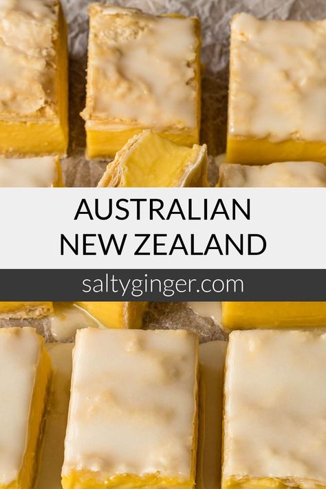 Vanilla custard slices overlaid with text Australian & New Zealand. Australian Biscuit Recipes, Edmonds Cookbook Recipes New Zealand, New Zealand Dessert Recipes, New Zealand Desserts, New Zealand Recipes Traditional, Australian Dessert Recipes, New Zealand Food Recipes, Australian Recipes Traditional, Australian Food Recipes