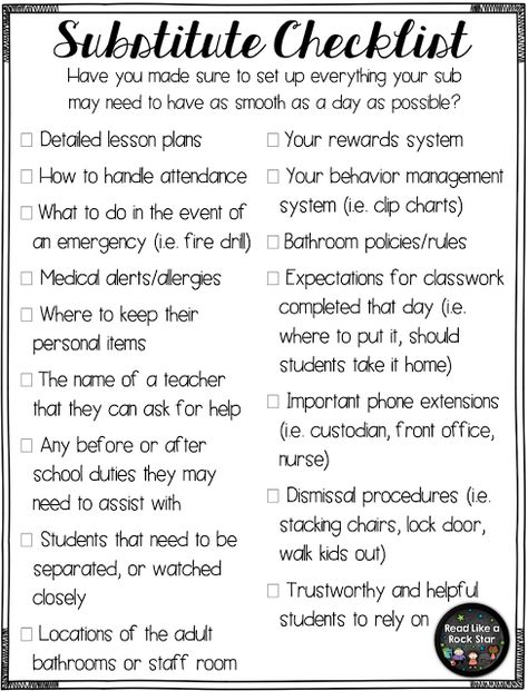 Read Like A Rock Star! : Planning for a Substitute: Helpful Tips and a Checklist! Guest Teacher, Substitute Teaching, Classroom Procedures, Teacher Binder, 3rd Grade Classroom, Like A Rock, Substitute Teacher, Teacher Organization, Beginning Of School