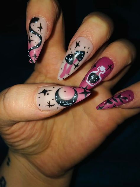 Neon Witch Nails, Potion Bottle Nail Art, Pink Witchy Nails, Voodoo Nails, Pagan Nails, Witch Nails Designs, Witches Nails, Nails Witchy, Cartoon Nails