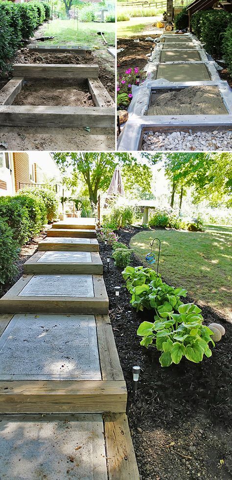 DIY Garden Steps & Stairs • Lots of ideas, tips & tutorials! Including, from 'ohio thoughts', this gorgeous hillside sidewalk and stair project. Slope Yard Steps, Landscaping Stairs, Backyard Steps, Diy Sidewalk, Steps Outdoor, Outside Steps, Landscape Stairs, Front Stairs, Landscape Steps