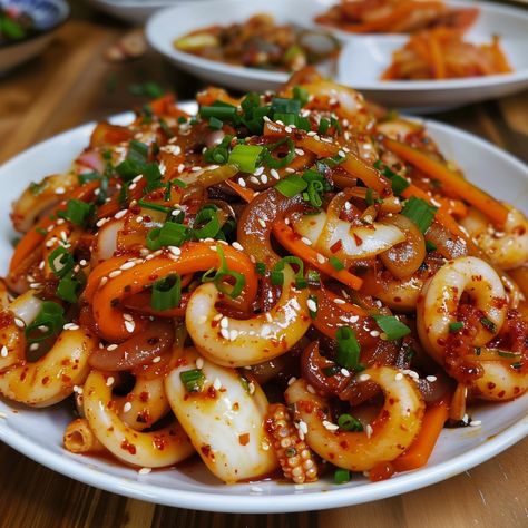 🐙 Savor the spicy and flavorful Ojingeo Bokkeum! 🌶️✨ #OjingeoBokkeum #KoreanCuisine Ojingeo Bokkeum (Spicy Stir-Fried Squid) Ingredients: Squid, cleaned and sliced (1 lb) Gochujang (Korean chili paste) (2 tbsp) Soy sauce (1 tbsp) Garlic, minced (3 cloves) Onion, sliced (1) Carrot, julienned (1) Bell pepper, sliced (1) Green onions, chopped (1/2 cup) Sesame oil (1 tbsp) Sesame seeds (1 tbsp) Vegetable oil (for cooking) Instructions: Marinate squid in gochujang, soy sauce, and garlic for 20... Ojingeo Bokkeum, Twist Recipes, Fried Squid, Korean Chili, Korean Chili Paste, Instagram Recipes, Twisted Recipes, Chili Paste, Presentation Ideas