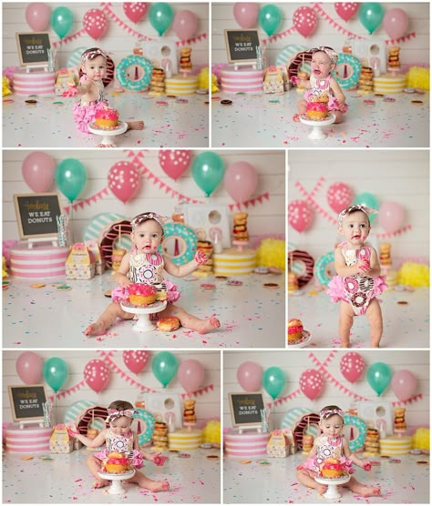 Donut Theme Cake Smash with Michelle Voigt Photography | Michelle Voigt Photography Blog Donut Theme Cake, Donut Theme Party, Donut Themed Birthday Party, 1st Birthday Party For Girls, Birthday Donuts, 1st Birthday Photoshoot, Donut Birthday Parties, First Birthday Pictures, 1st Birthday Party Themes