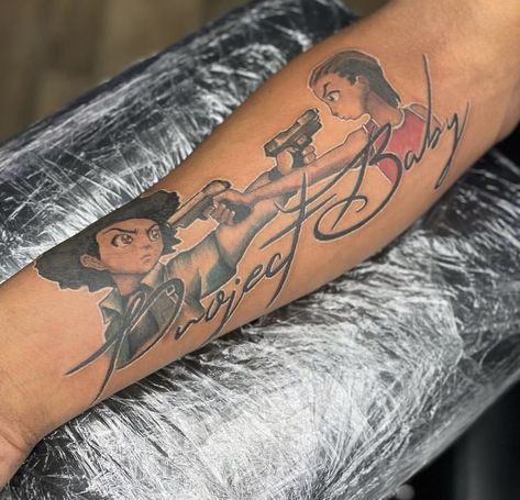 Boondocks Tattoo, Arm Tattoos Black, Dark Skin Tattoo, Black Men Tattoos, Cute Thigh Tattoos, Quarter Sleeve Tattoos, Brother Tattoos, Tattoos Arm, Street Tattoo