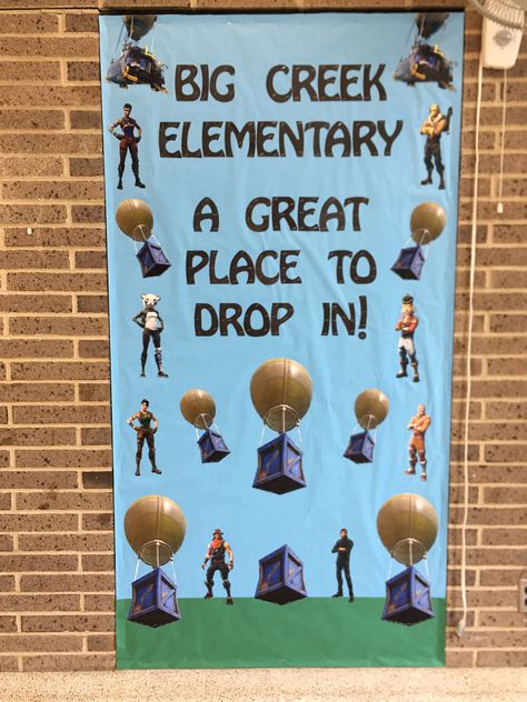 Fortnite Bulletin Board - Drop In Fortnite Classroom Ideas, Map Testing, National School Counseling Week, Pe Bulletin Boards, School Year Themes, School Counseling Week, School Wide Themes, Principal Ideas, Testing Motivation