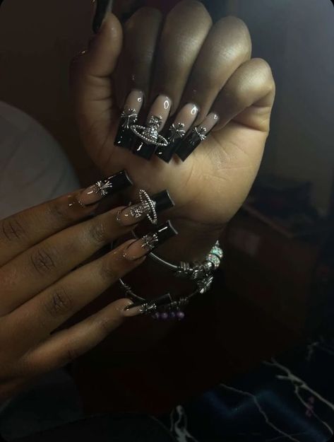 Black French Tip Nails With Cross Gem, Black French Tip Inspo Nails, Black Nail Sets Y2k, Black French Tip Nails Square With Cross, Black French Tip Nails Chrome Hearts, Black Acrylic Nails With Cross Charm, Black Nd Silver Nails, Black Cross Nails Acrylic, Black French Tip Nails With Jewels