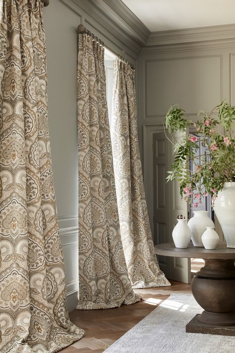 Fitzrovia Natural - James Hare Living Room Curtain Ideas, Room Curtain Ideas, Paisley Curtains, Cord Embroidery, Living Room Curtain, Neutral Curtains, Country Style Interiors, Brown Curtains, Layered Curtains