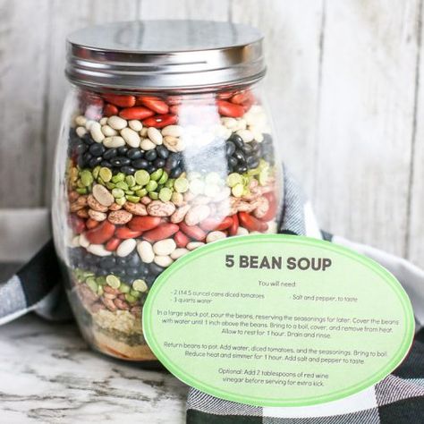 Bean Soup Gift In A Jar, Mason Jar Gifts Soup, Vegan Mason Jar Soup, Meals In A Jar Recipes Homemade Gifts, 5 Bean Soup In A Jar, Soup In A Jar Gifts, 5 Bean Soup Recipes, Mason Jar Soup Mix Recipes, Soup In A Jar Recipe Dry Mixes Gift