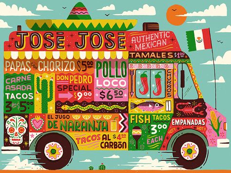 Food truck illustration we created for a Joseph & Joseph worktop saver.    You can get your hands on one here: http://bit.ly/2lga1HX Food Truck Illustration, Mexican Food Truck, Truck Illustration, Truck Graphics, Don Pedro, Trendy Food, Mexico Food, Food Truck Design, Mexican Designs